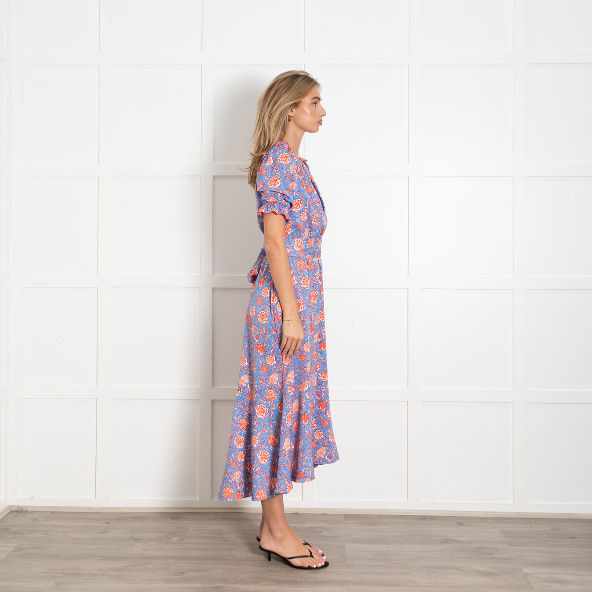Me + Em Light Blue White Orange Floral Frill Detail Long Dress