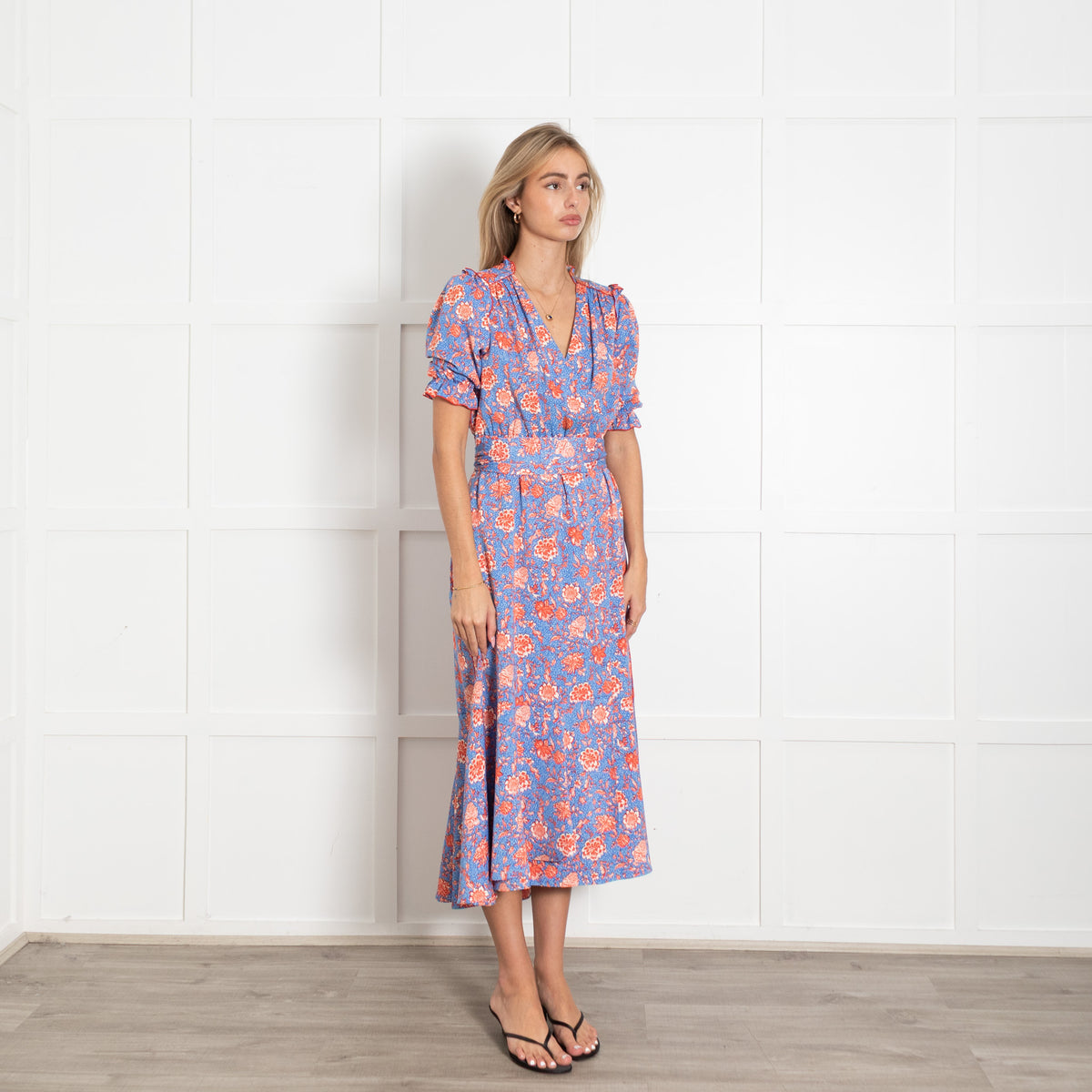Me + Em Light Blue White Orange Floral Frill Detail Long Dress