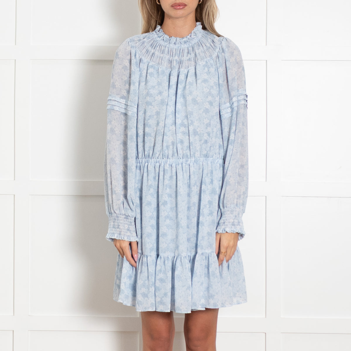 Michael Kors Light Blue White Floral Elasticated Waist+Neck Dress