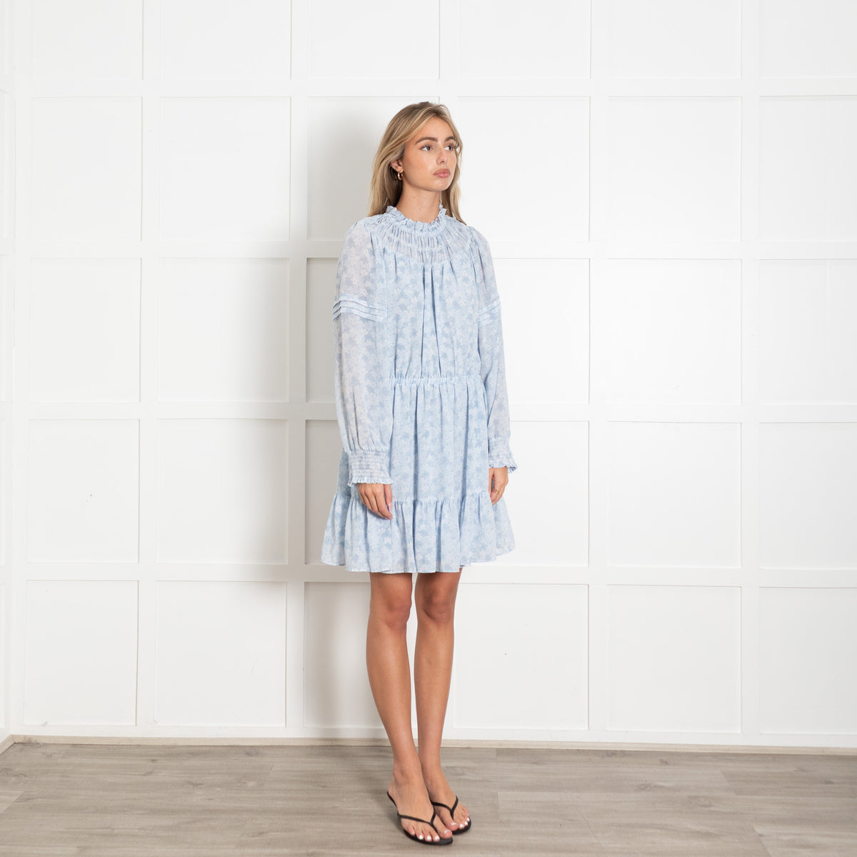 Michael Kors Light Blue White Floral Elasticated Waist+Neck Dress
