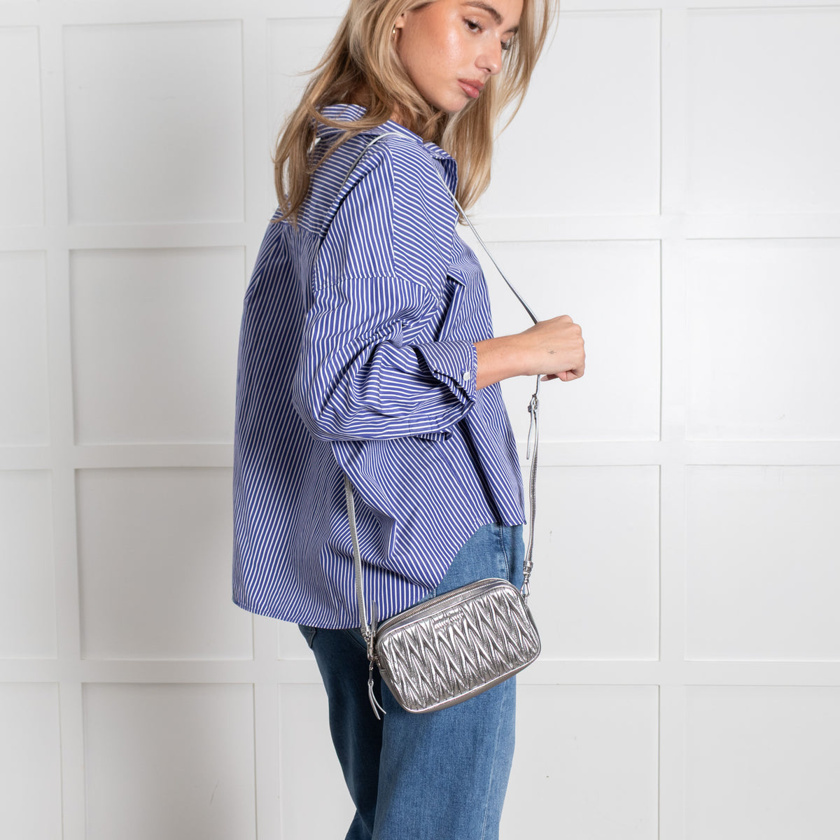 Miu Miu Silver Matelasse Leather Camera Crossbody Bag