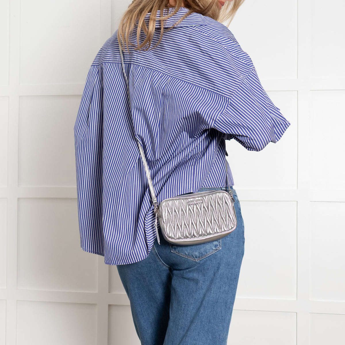 Miu Miu Silver Matelasse Leather Camera Crossbody Bag