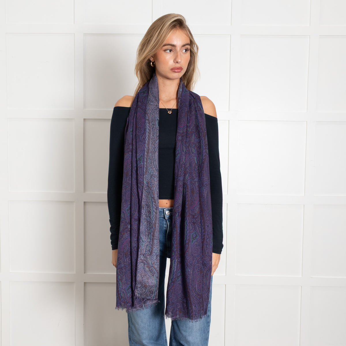 Etro Purple Paisley Modal And Cashmere Blend Fine Scarf