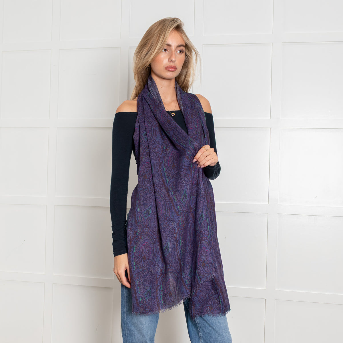 Etro Purple Paisley Modal And Cashmere Blend Fine Scarf