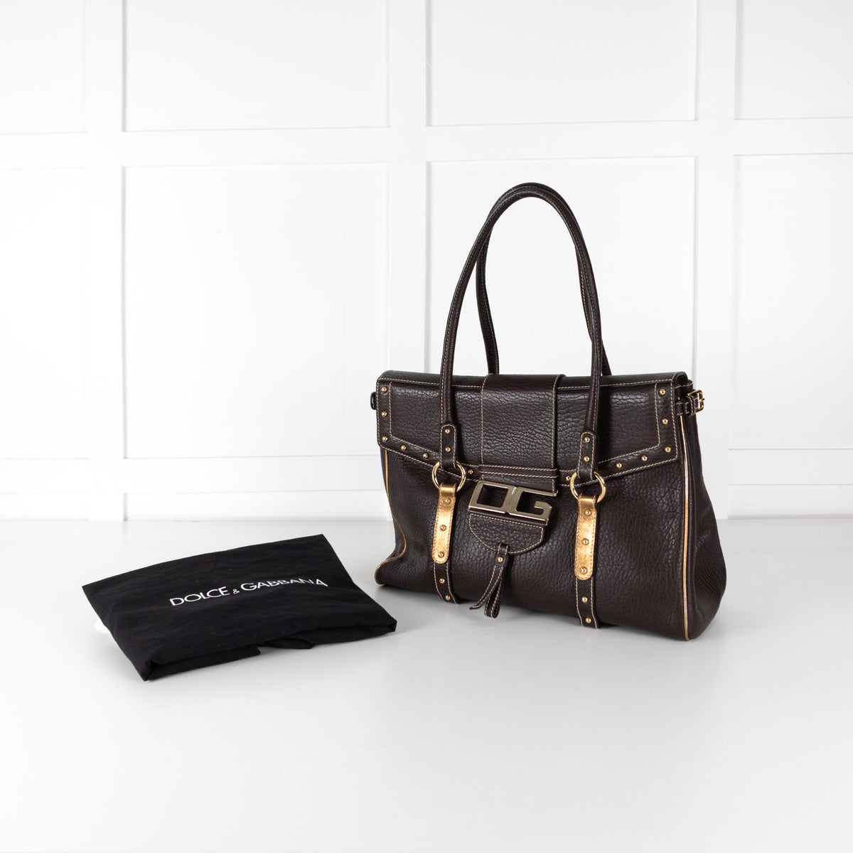 Dolce&Gabbana Brown Gold Stud Leather Shopper Bag
