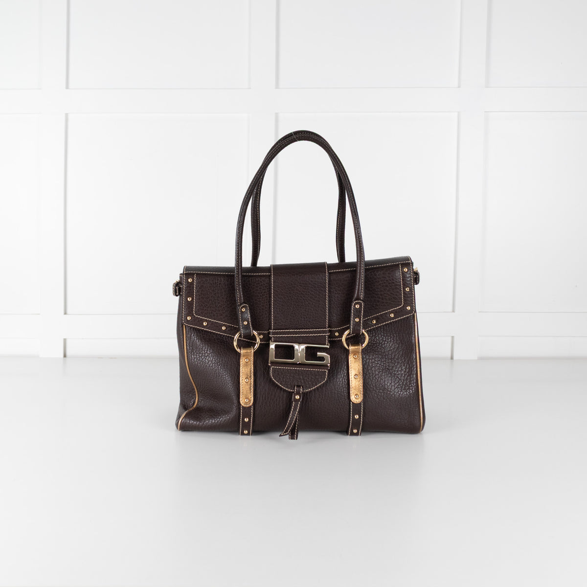 Dolce&Gabbana Brown Gold Stud Leather Shopper Bag