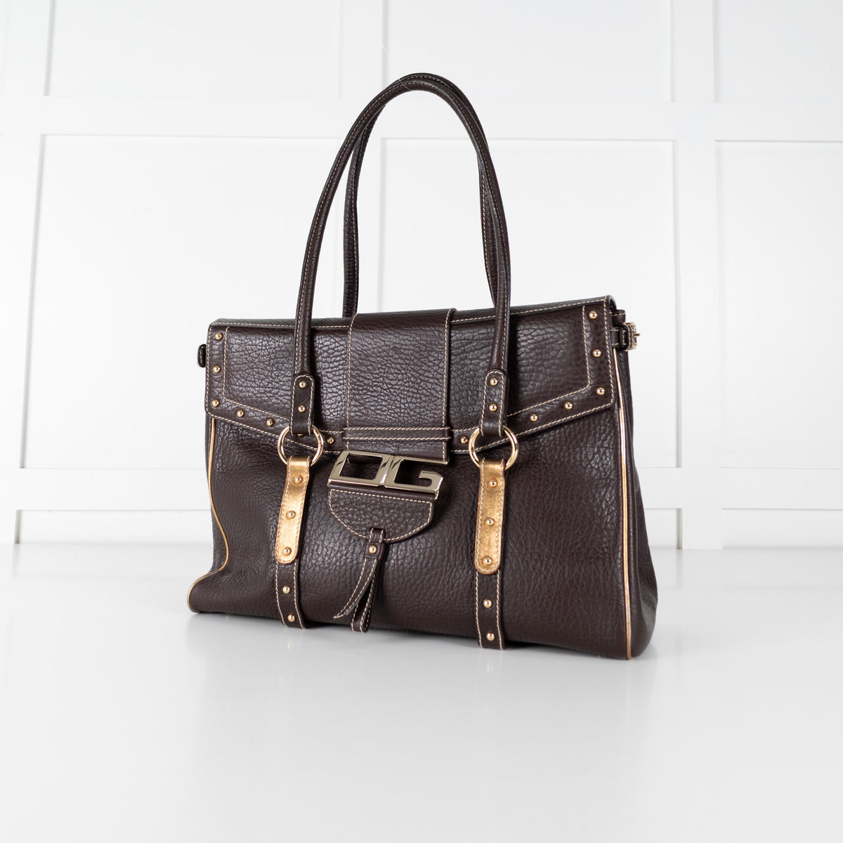 Dolce&Gabbana Brown Gold Stud Leather Shopper Bag