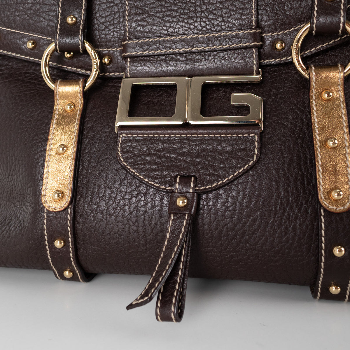 Dolce&Gabbana Brown Gold Stud Leather Shopper Bag