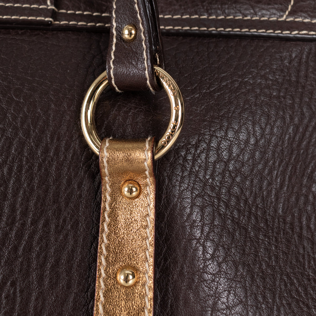 Dolce&Gabbana Brown Gold Stud Leather Shopper Bag