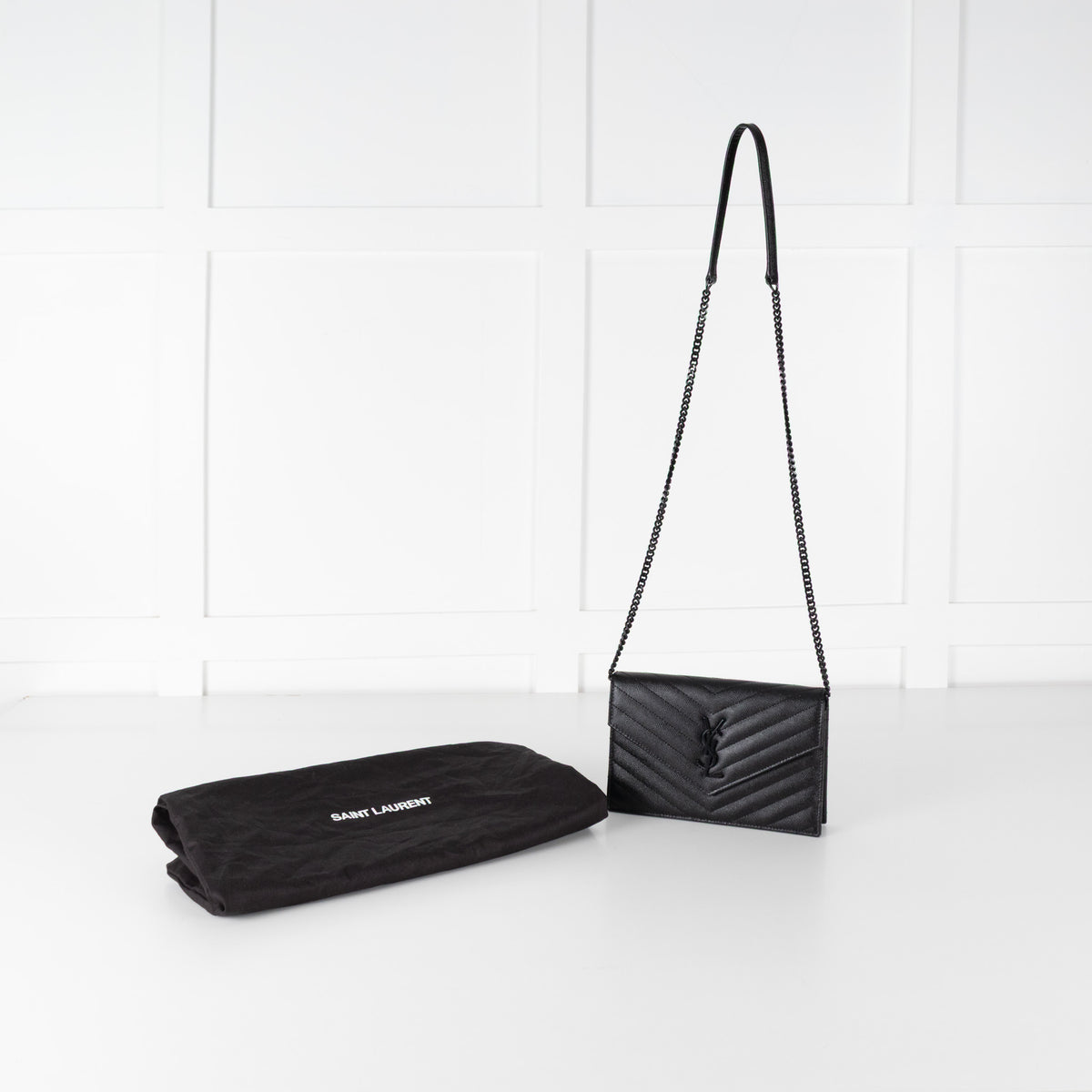 Saint Laurent Black Textured Leather Cassandre Envelope Wallet On Chain