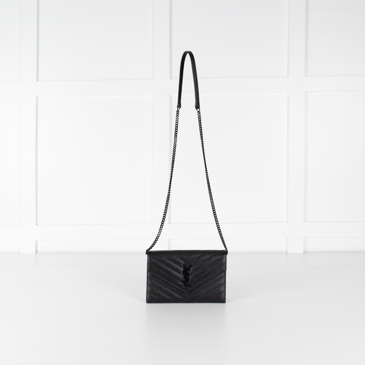 Saint Laurent Black Textured Leather Cassandre Envelope Wallet On Chain