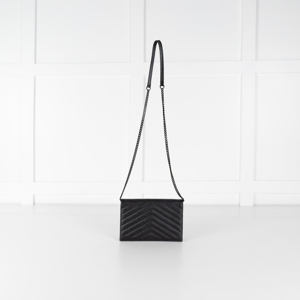 Saint Laurent Black Textured Leather Cassandre Envelope Wallet On Chain