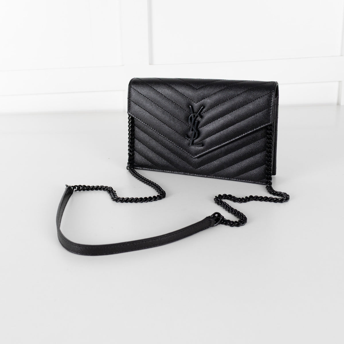 Saint Laurent Black Textured Leather Cassandre Envelope Wallet On Chain