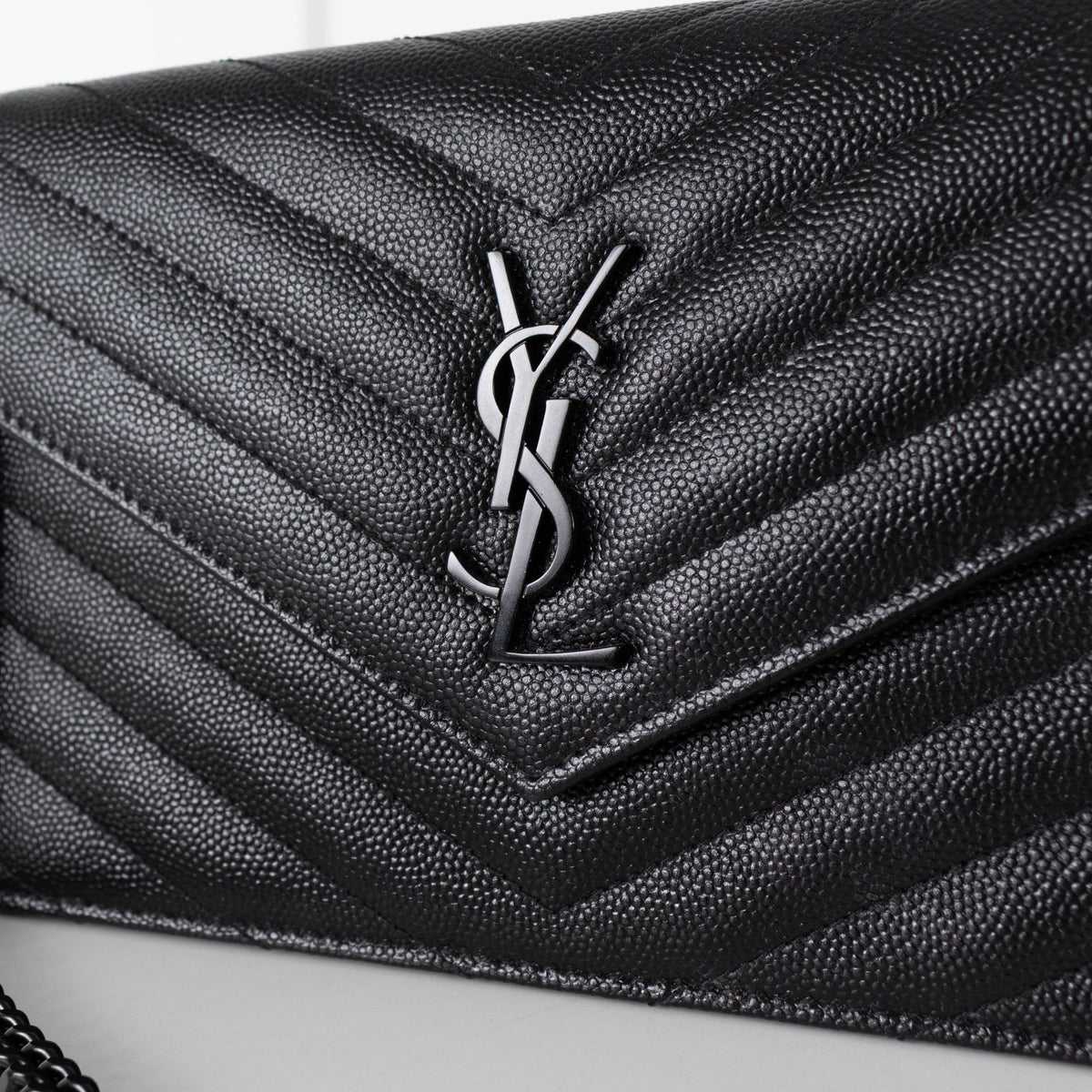 Saint Laurent Black Textured Leather Cassandre Envelope Wallet On Chain