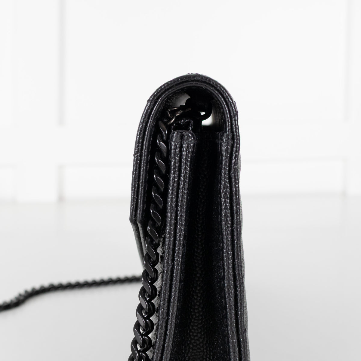 Saint Laurent Black Textured Leather Cassandre Envelope Wallet On Chain