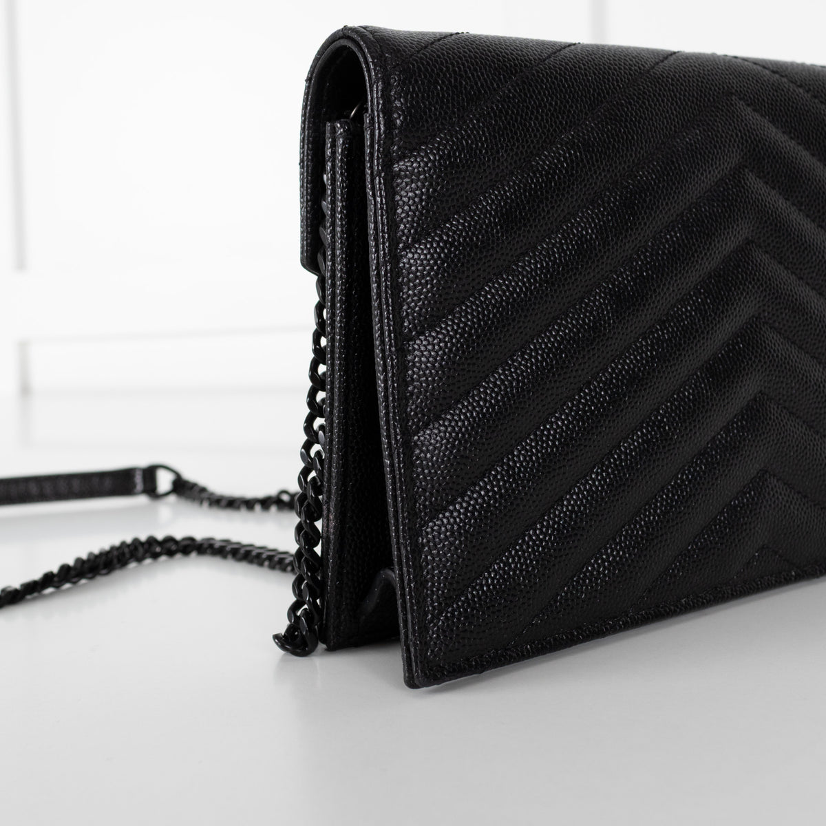 Saint Laurent Black Textured Leather Cassandre Envelope Wallet On Chain