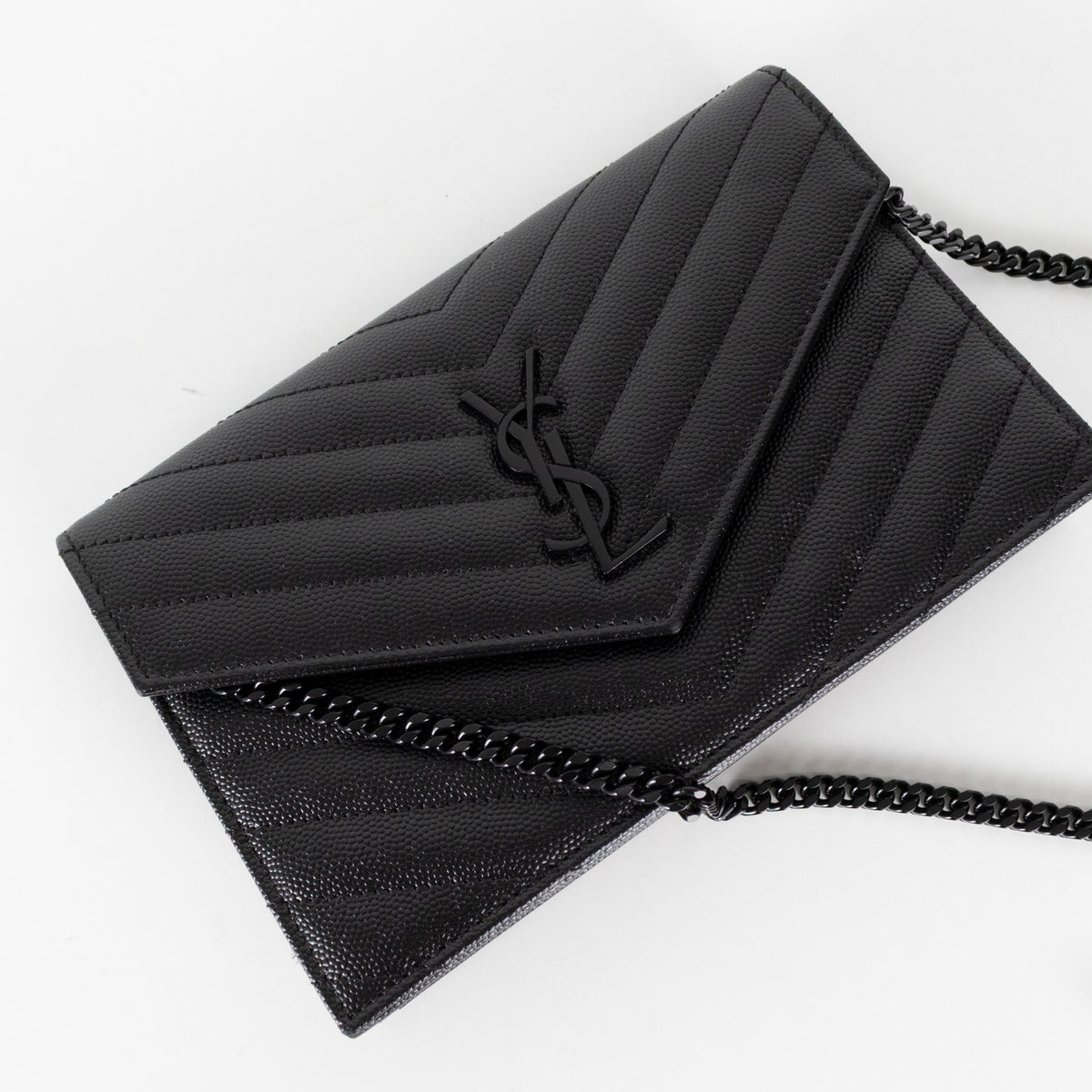 Saint Laurent Black Textured Leather Cassandre Envelope Wallet On Chain