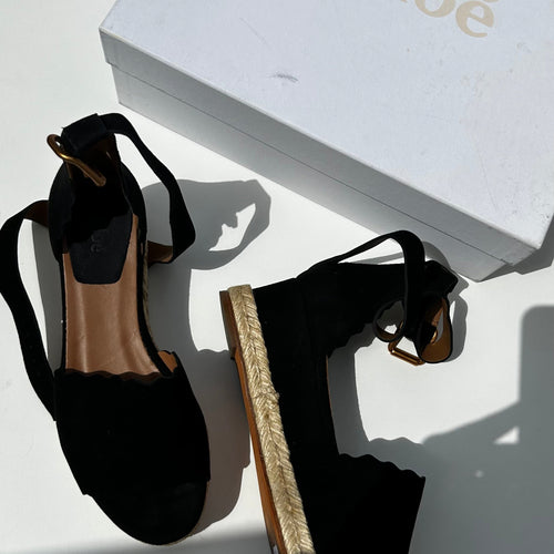 Chloe Black Scalloped Edge Ankle Strap Espadrille