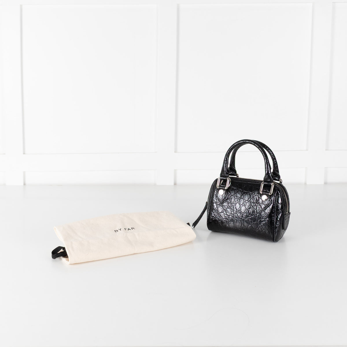 By Far Black Dora Circular Croco Embossed Leather Bag