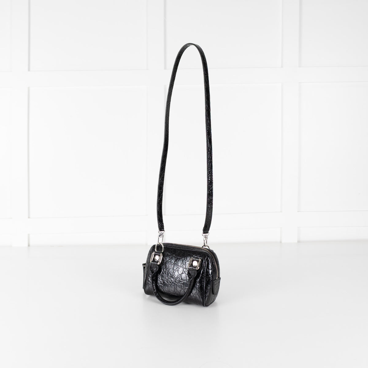 By Far Black Dora Circular Croco Embossed Leather Bag