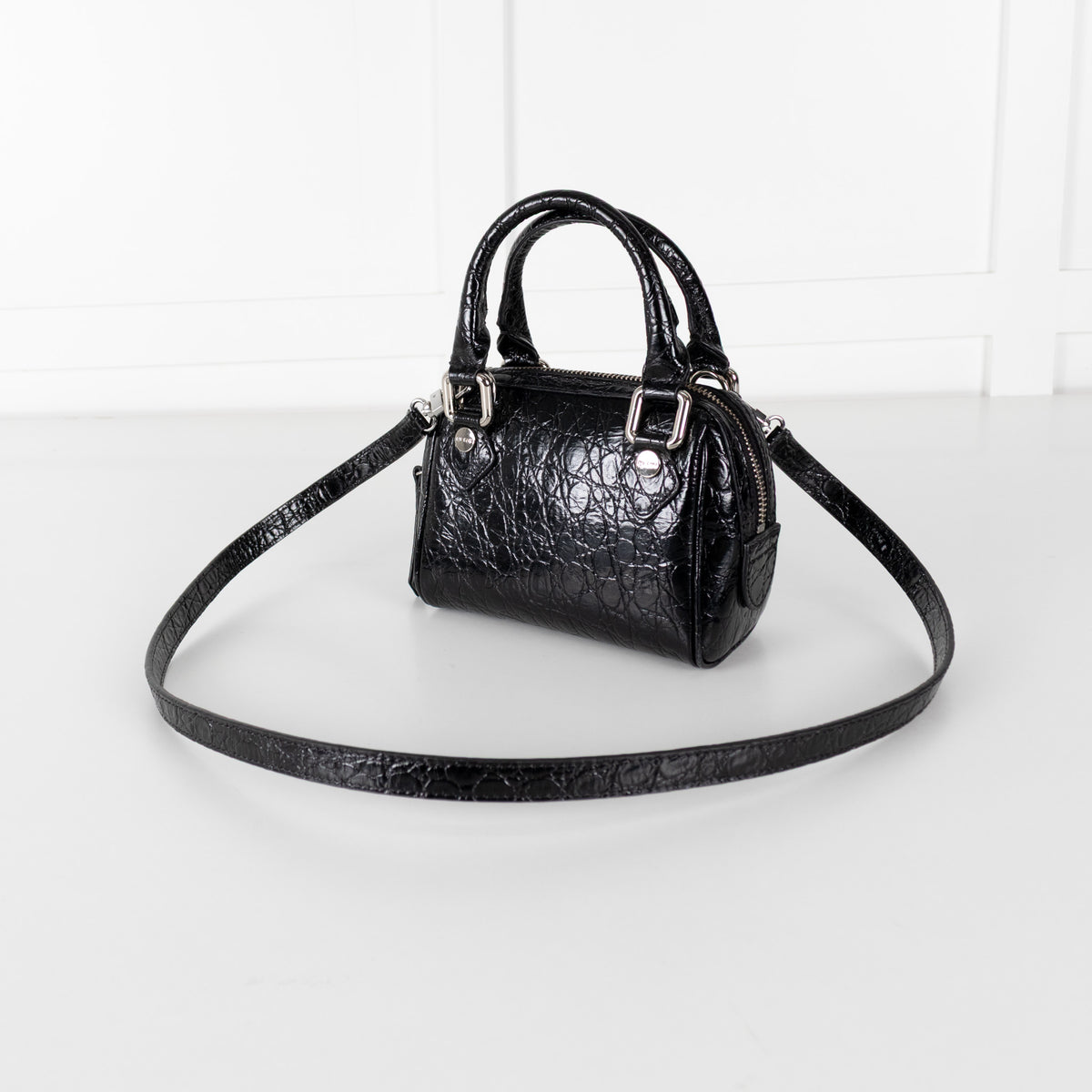 By Far Black Dora Circular Croco Embossed Leather Bag