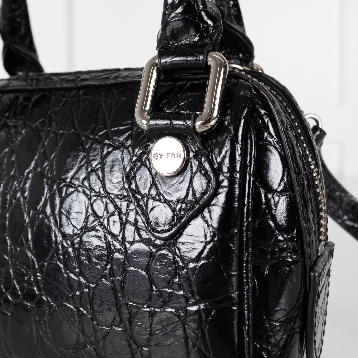 By Far Black Dora Circular Croco Embossed Leather Bag