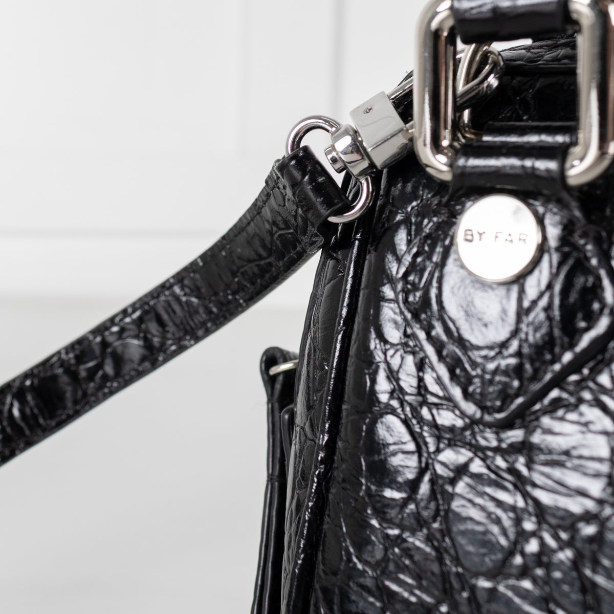 By Far Black Dora Circular Croco Embossed Leather Bag