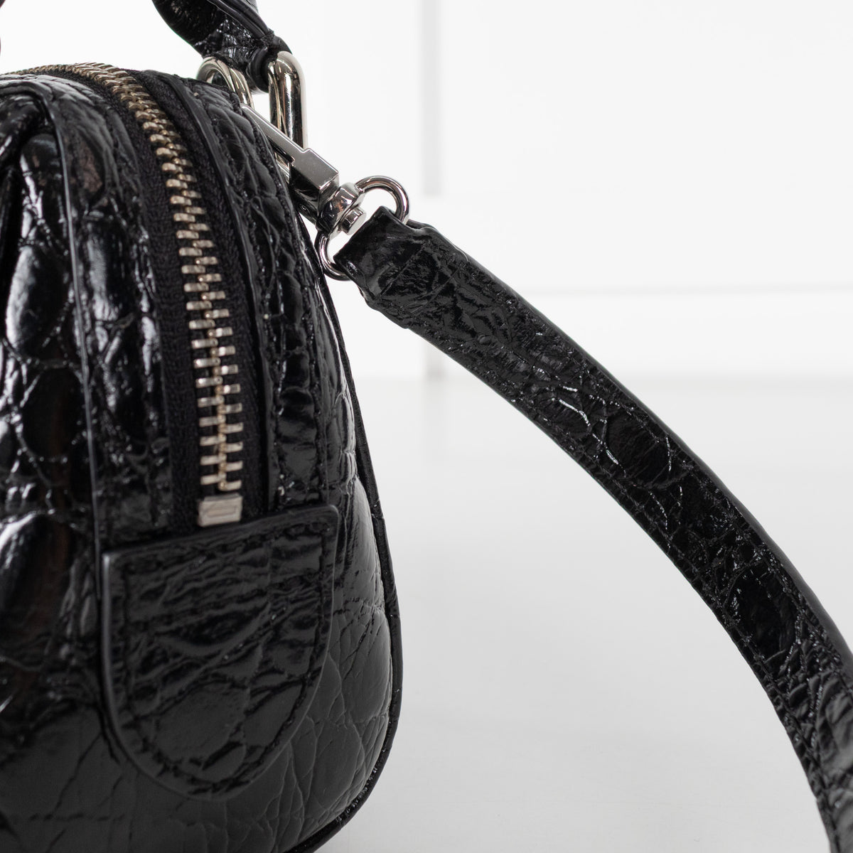 By Far Black Dora Circular Croco Embossed Leather Bag