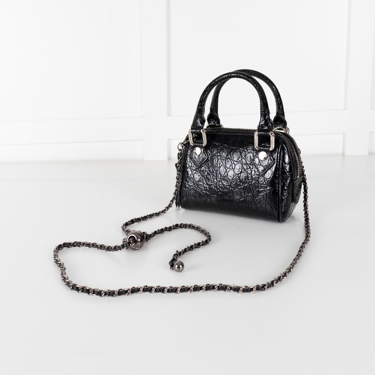 By Far Black Dora Circular Croco Embossed Leather Bag