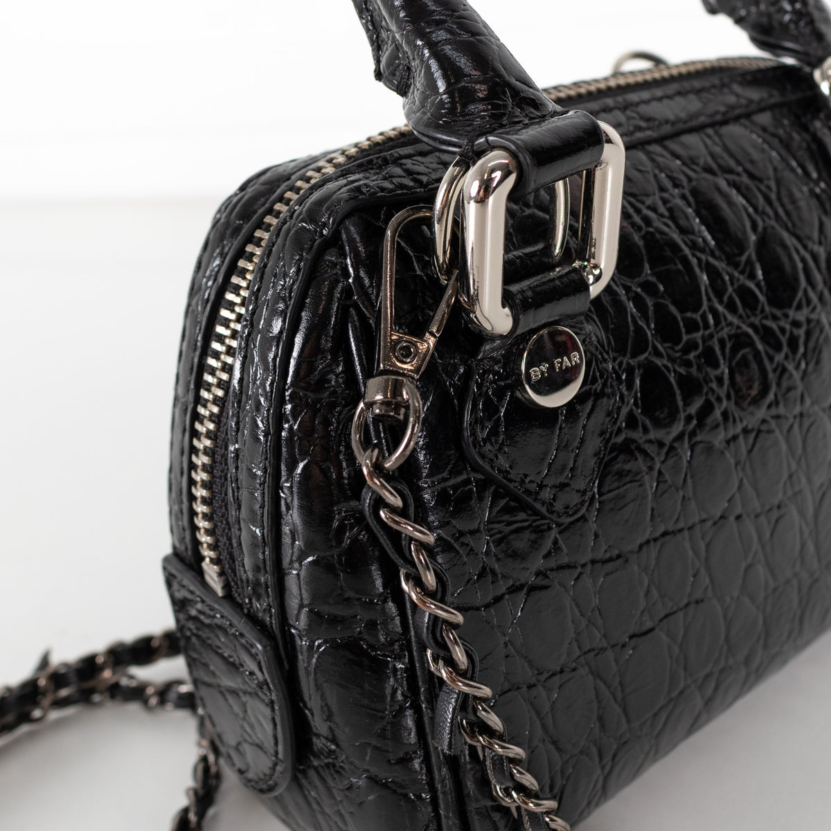 By Far Black Dora Circular Croco Embossed Leather Bag
