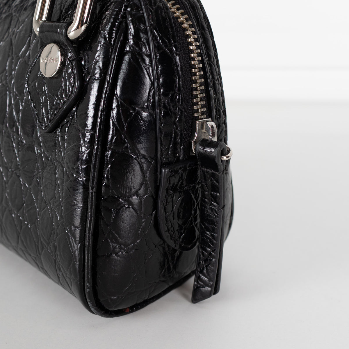 By Far Black Dora Circular Croco Embossed Leather Bag