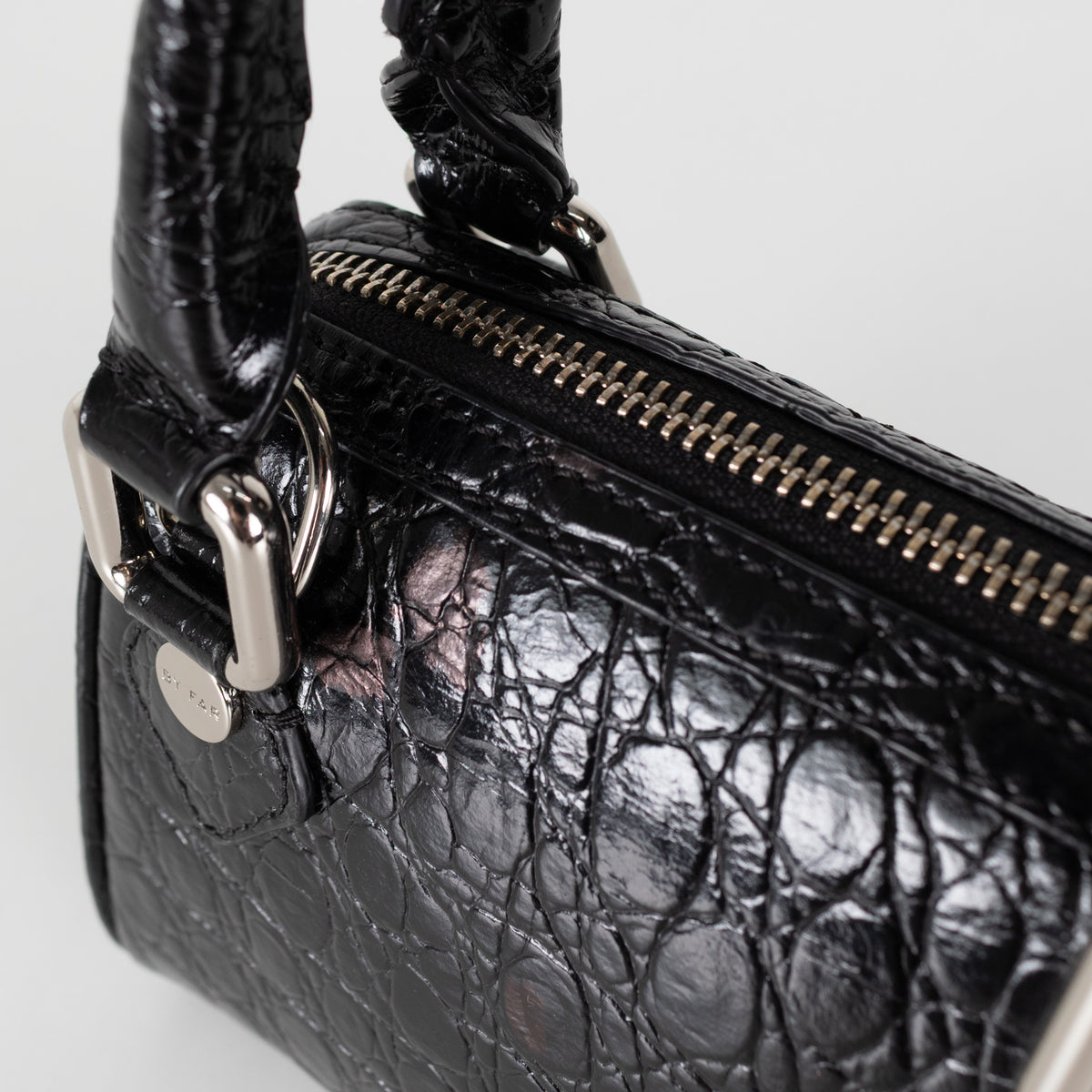 By Far Black Dora Circular Croco Embossed Leather Bag