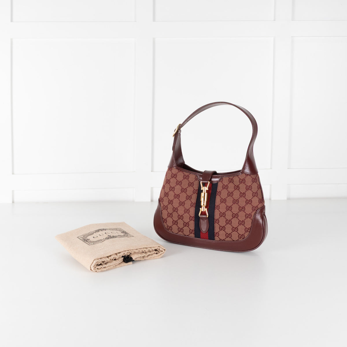 Gucci Burgundy Leather GG Canvas Jackie Shoulder Bag