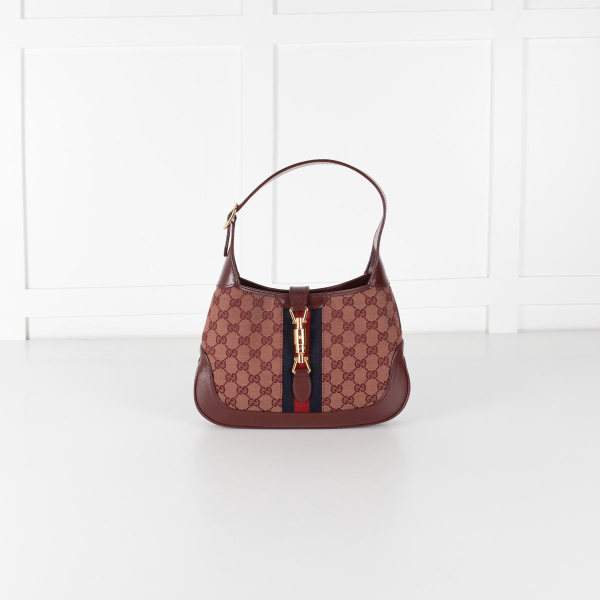 Gucci Burgundy Leather GG Canvas Jackie Shoulder Bag