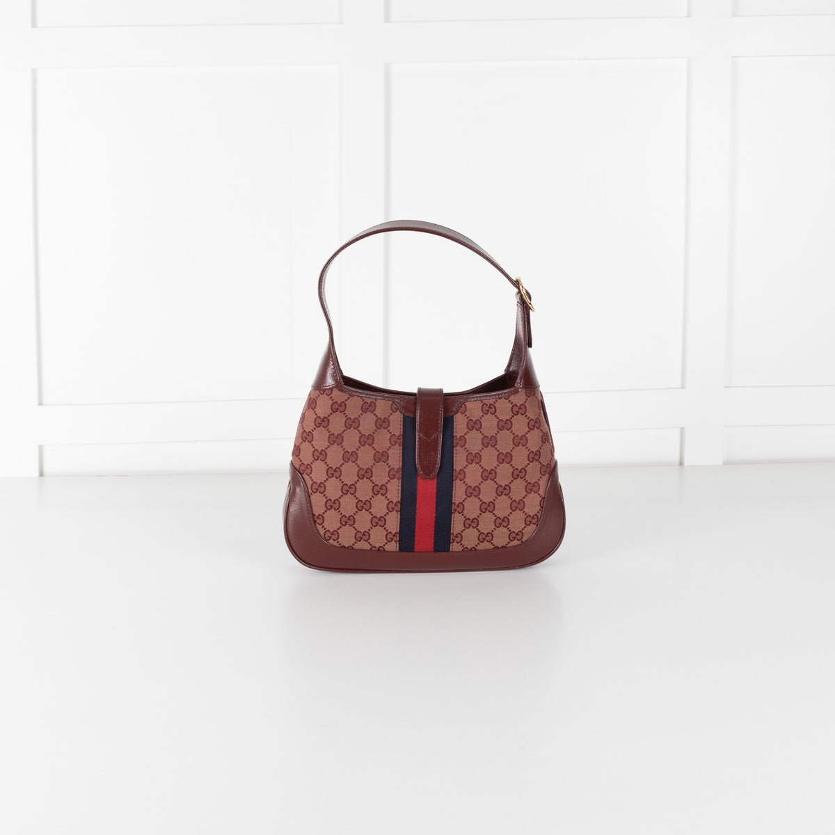 Gucci Burgundy Leather GG Canvas Jackie Shoulder Bag