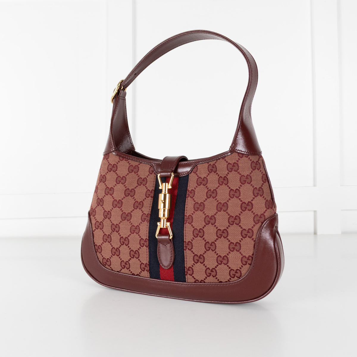 Gucci Burgundy Leather GG Canvas Jackie Shoulder Bag