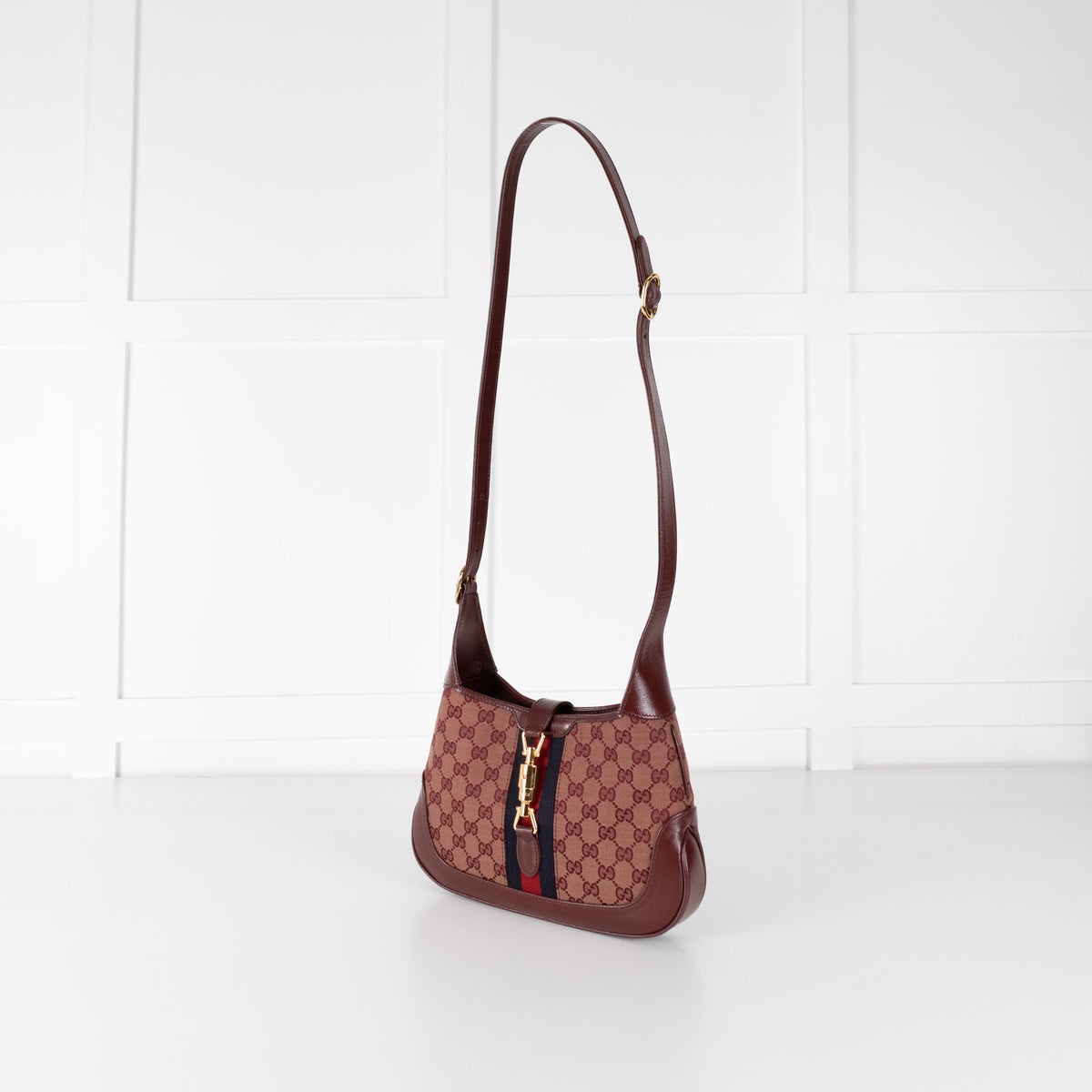Gucci Burgundy Leather GG Canvas Jackie Shoulder Bag