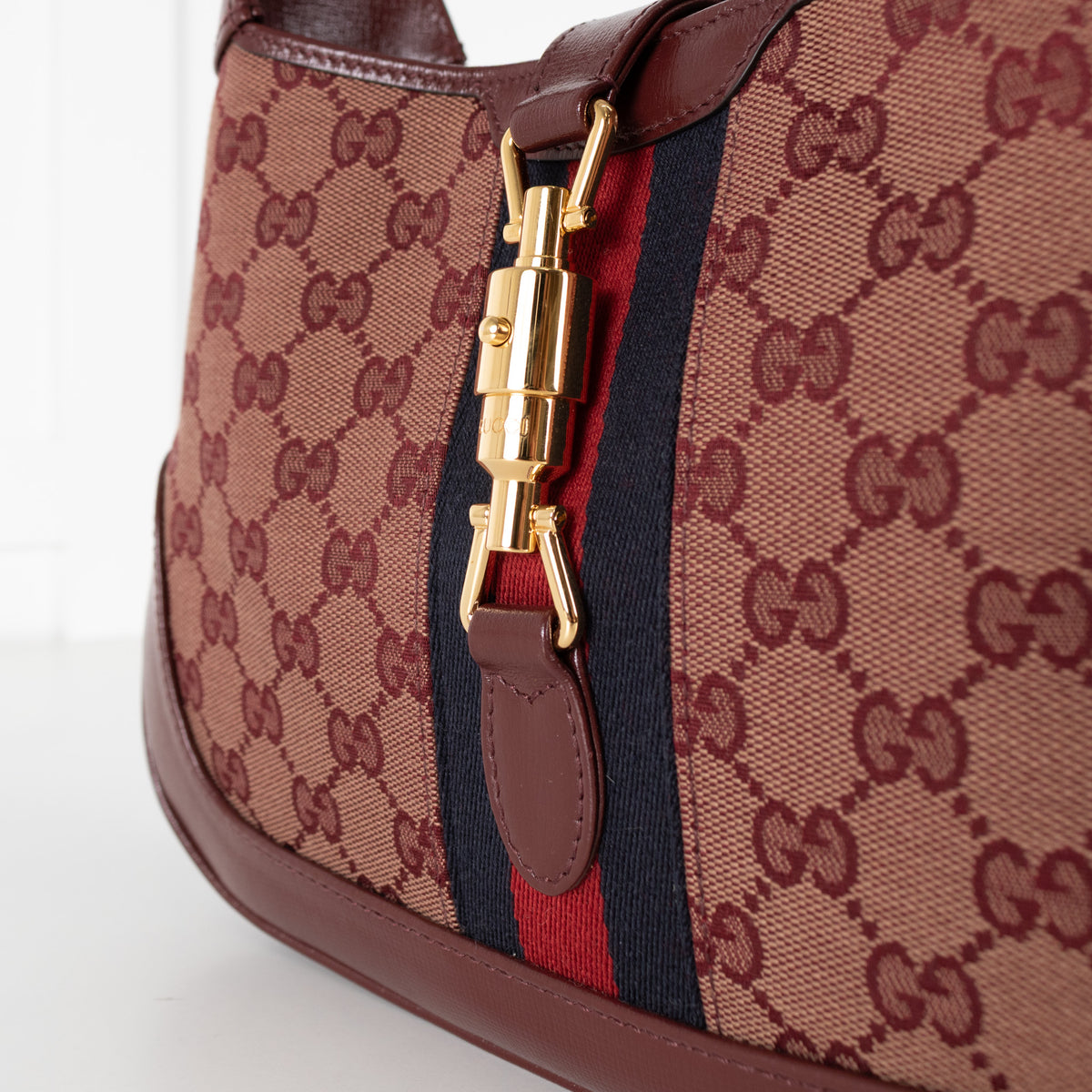 Gucci Burgundy Leather GG Canvas Jackie Shoulder Bag