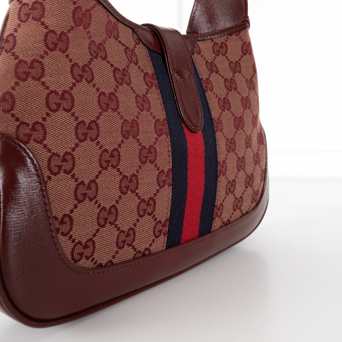 Gucci Burgundy Leather GG Canvas Jackie Shoulder Bag