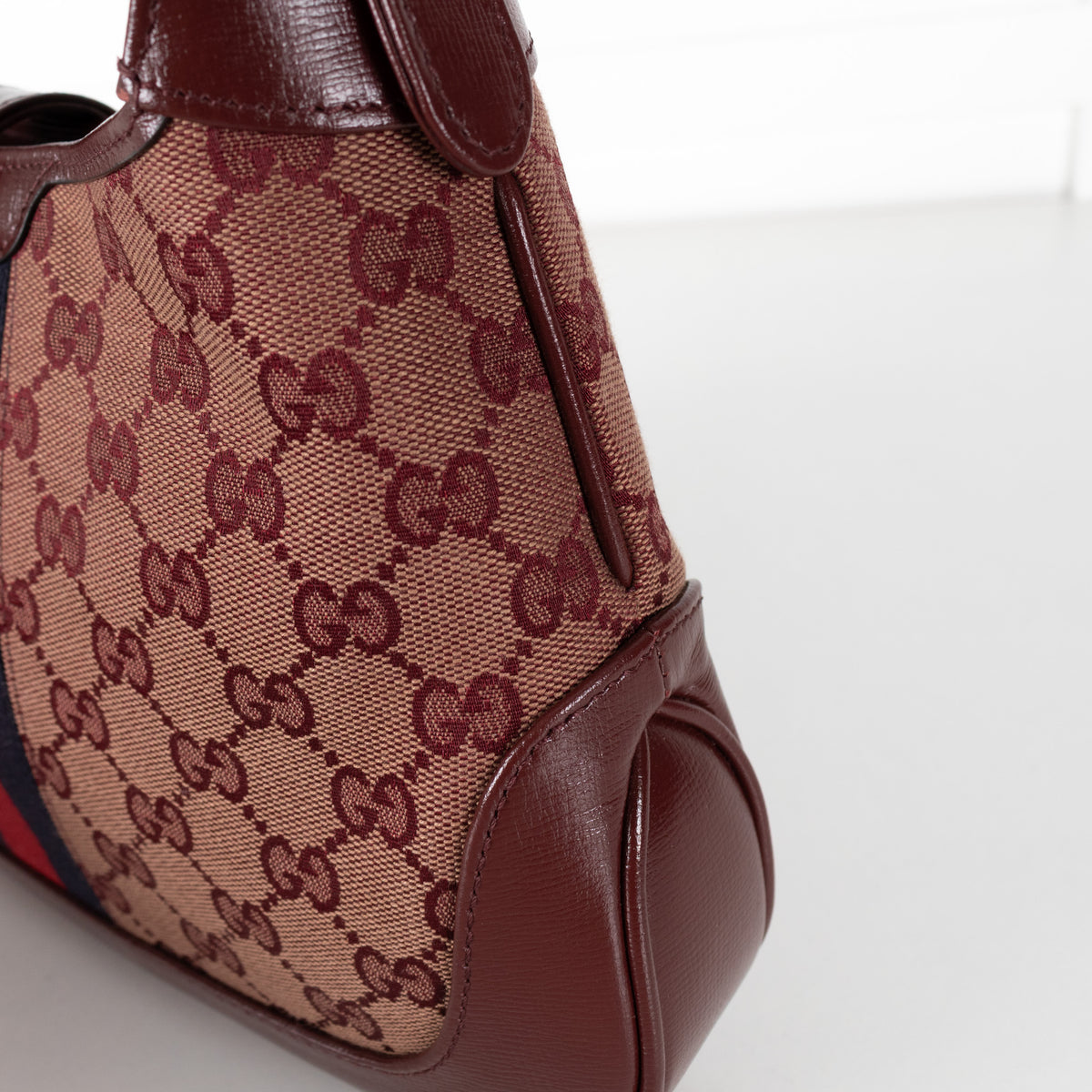 Gucci Burgundy Leather GG Canvas Jackie Shoulder Bag