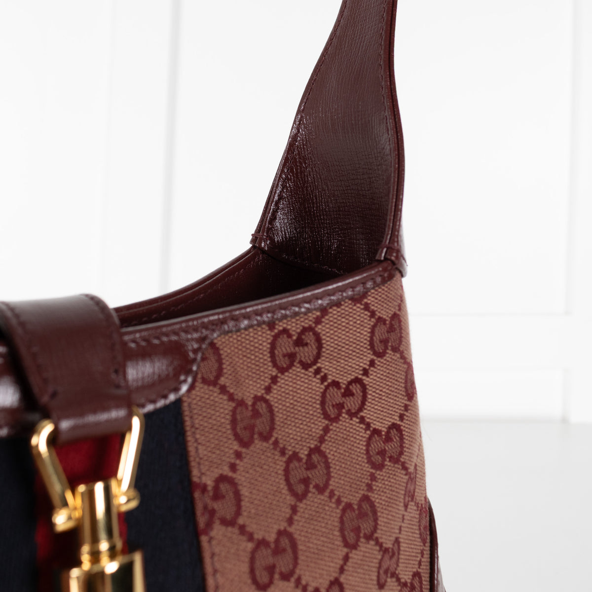Gucci Burgundy Leather GG Canvas Jackie Shoulder Bag