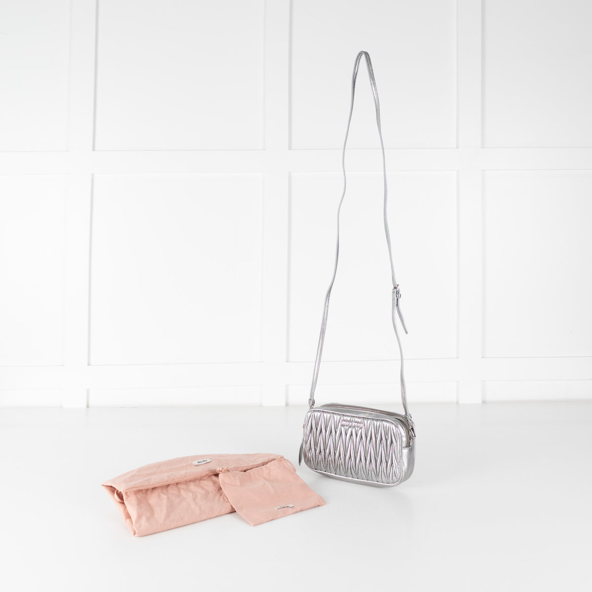 Miu Miu Silver Matelasse Leather Camera Crossbody Bag