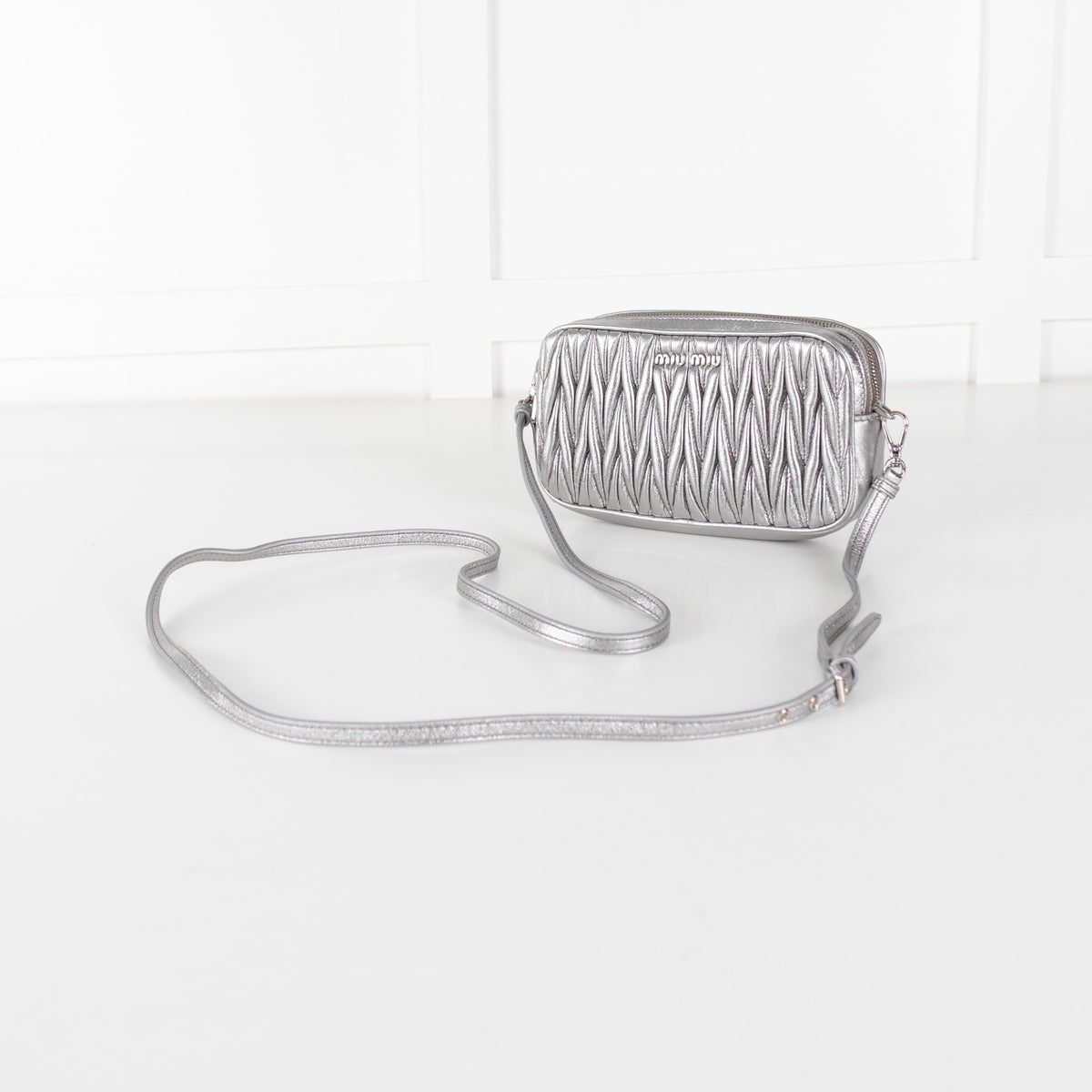 Miu Miu Silver Matelasse Leather Camera Crossbody Bag