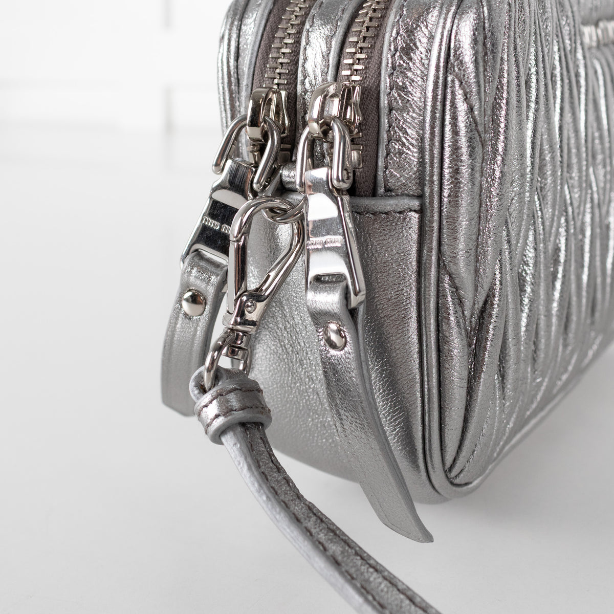 Miu Miu Silver Matelasse Leather Camera Crossbody Bag