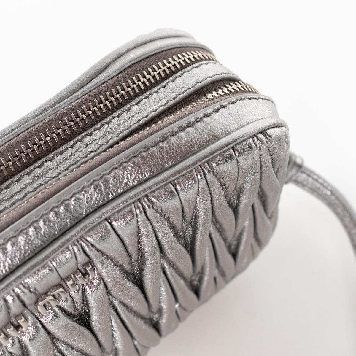 Miu Miu Silver Matelasse Leather Camera Crossbody Bag