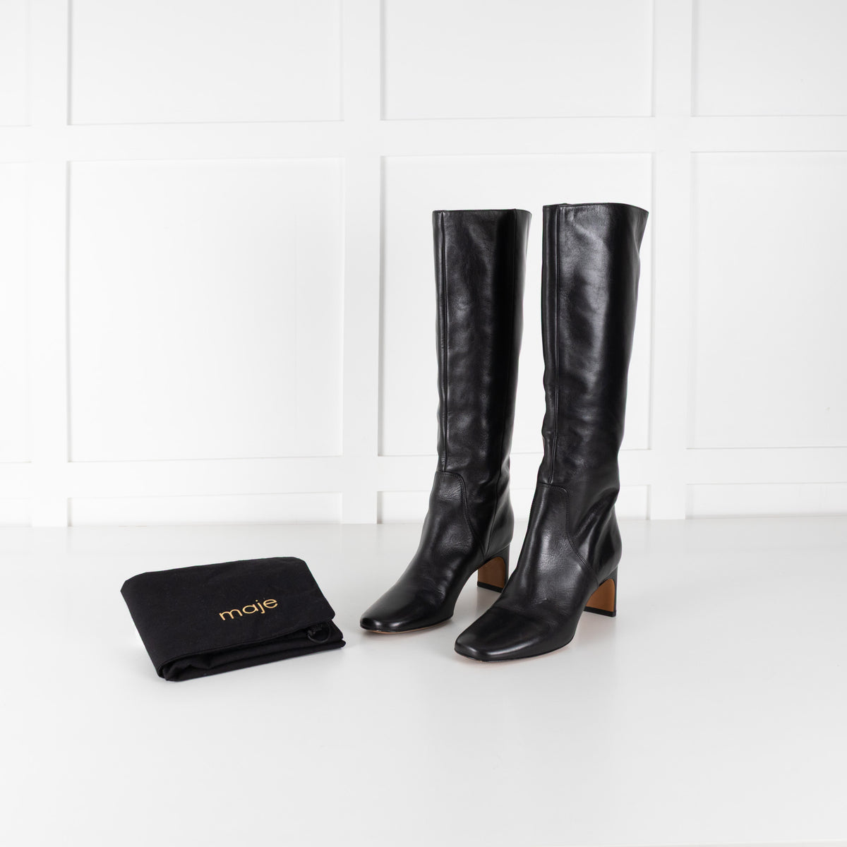 Maje Black Square Toe Leather Boots