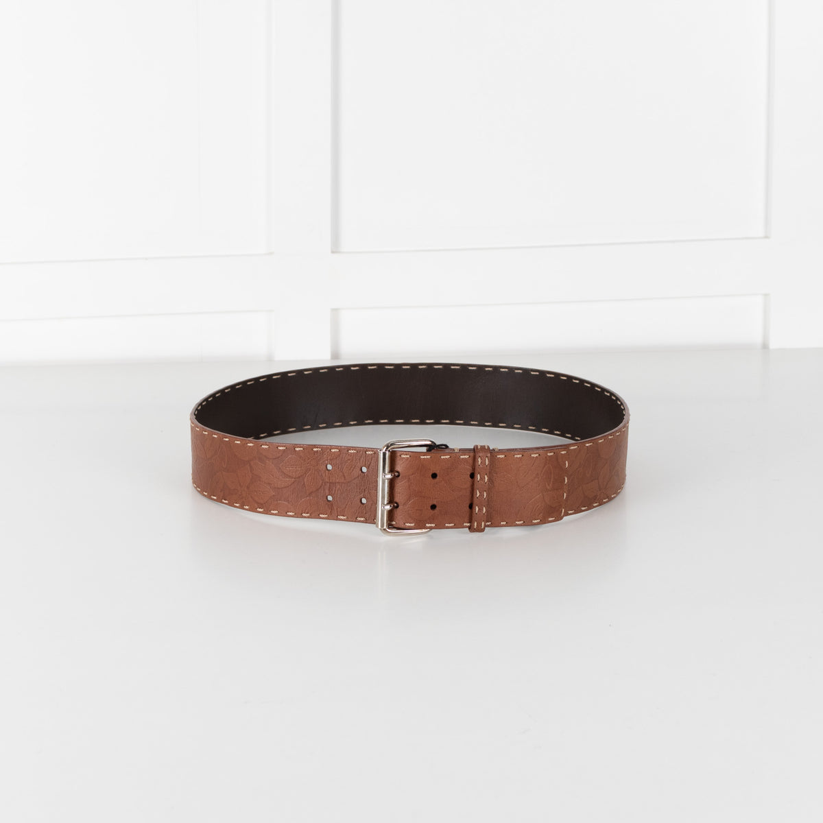 Celine Brown Leather Vintage Floral Pattern Belt