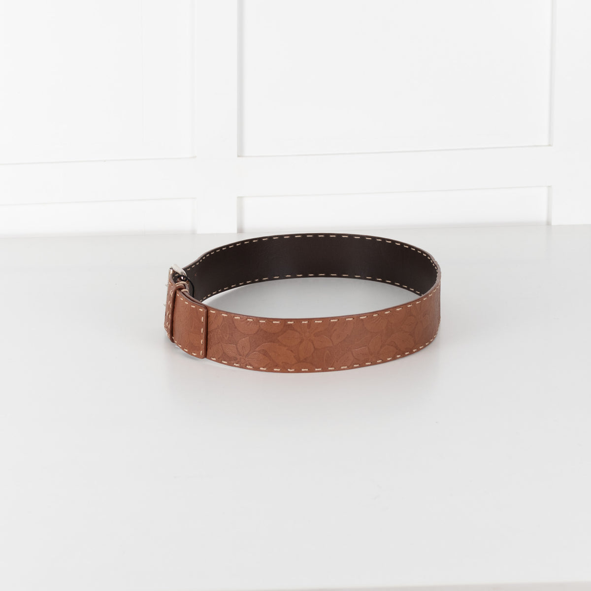 Celine Brown Leather Vintage Floral Pattern Belt