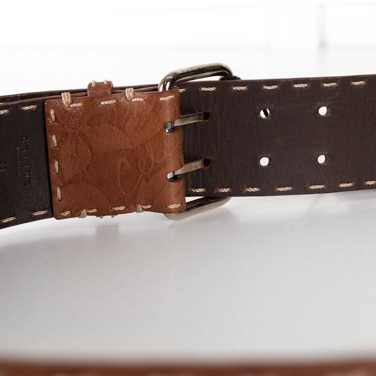 Celine Brown Leather Vintage Floral Pattern Belt