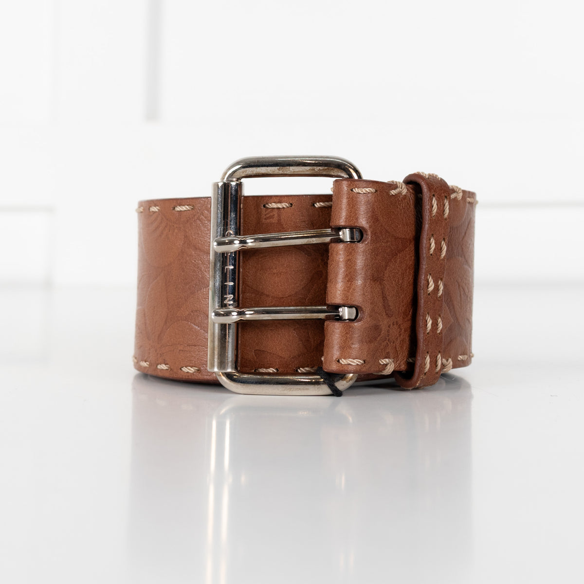 Celine Brown Leather Vintage Floral Pattern Belt